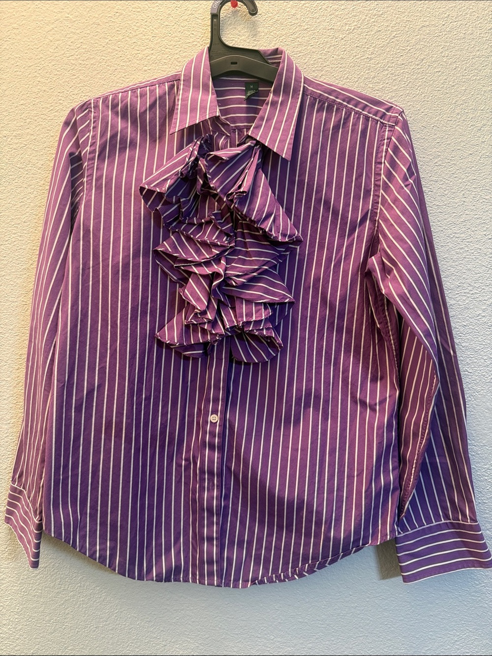 Polo by Ralph Lauren Purple & White Striped Ruffle Front Shirt